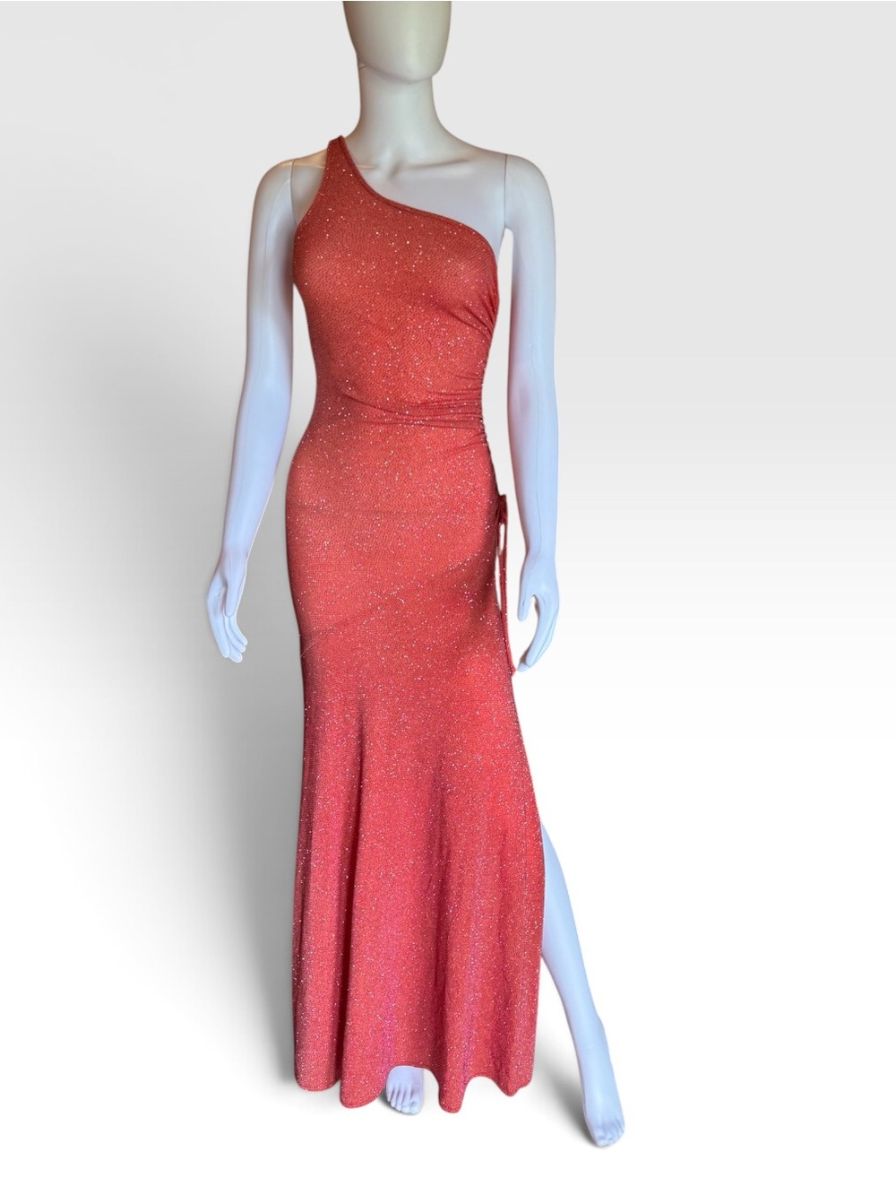 City Triangles One-Shoulder Glitter Coral Gown
